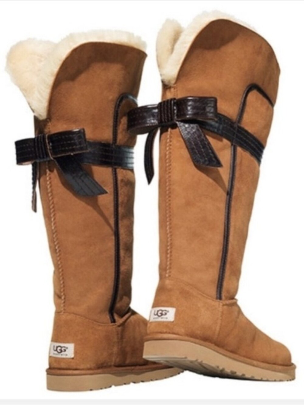 UGG Geneieve Tall Shearling-Trim Suede Boots in Chestnut with BrownBow #811